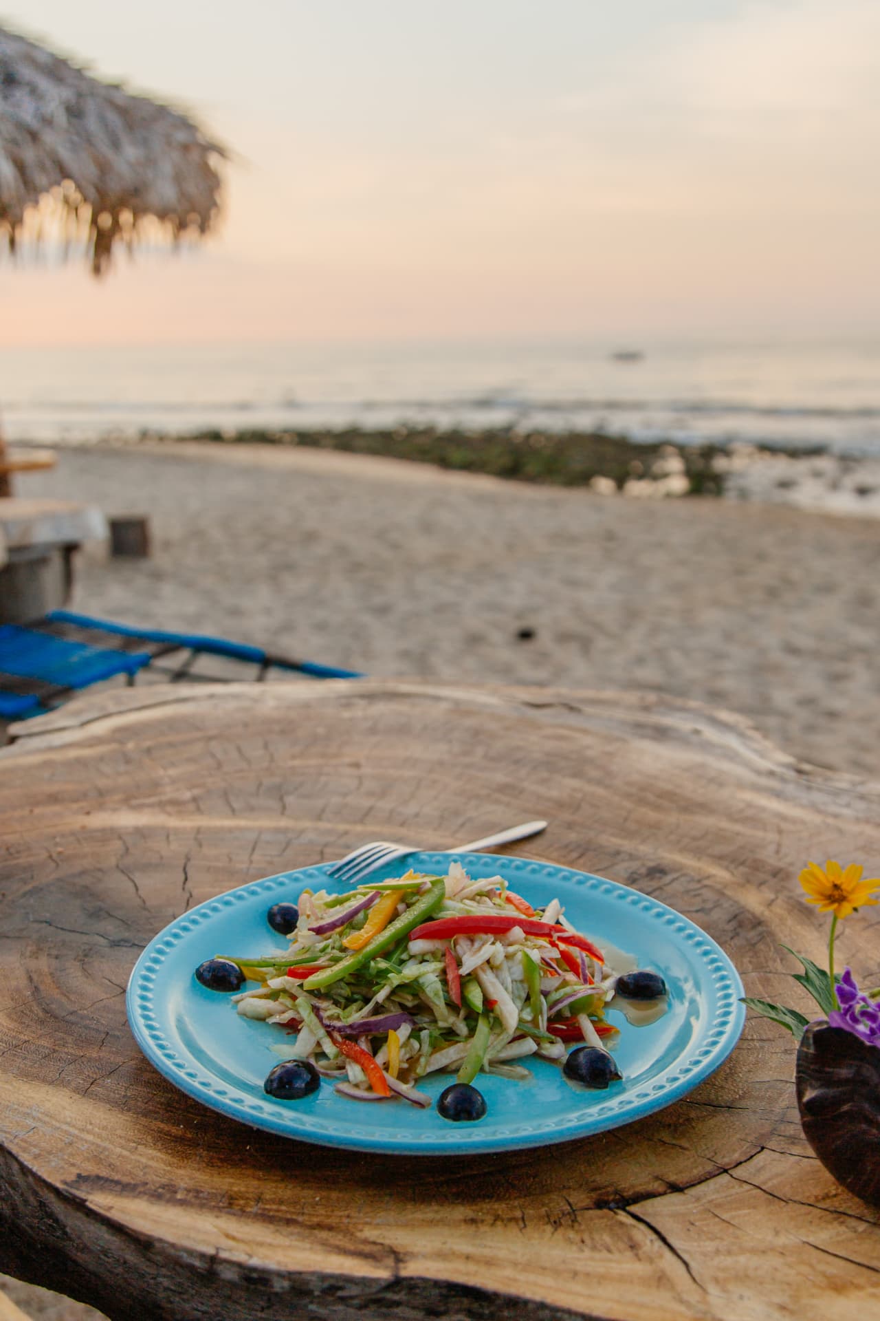 Fresh salad on a turquoise plate facing the sea at sunset