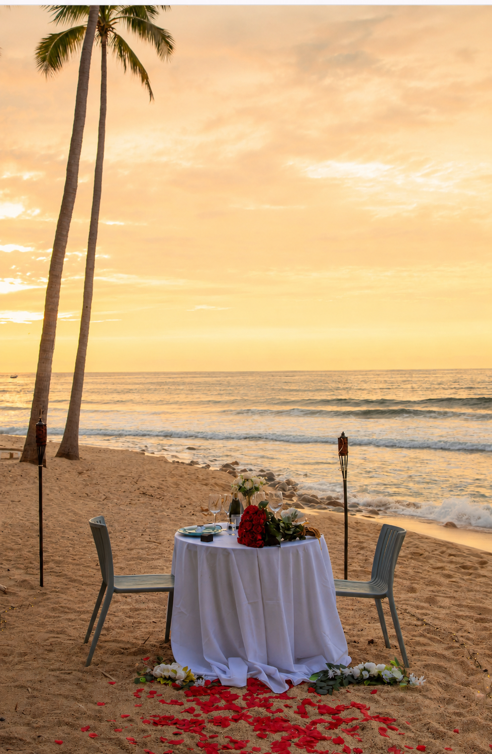 Mesa para dos montada en la arena al atardecer frente al mar en Quimixto