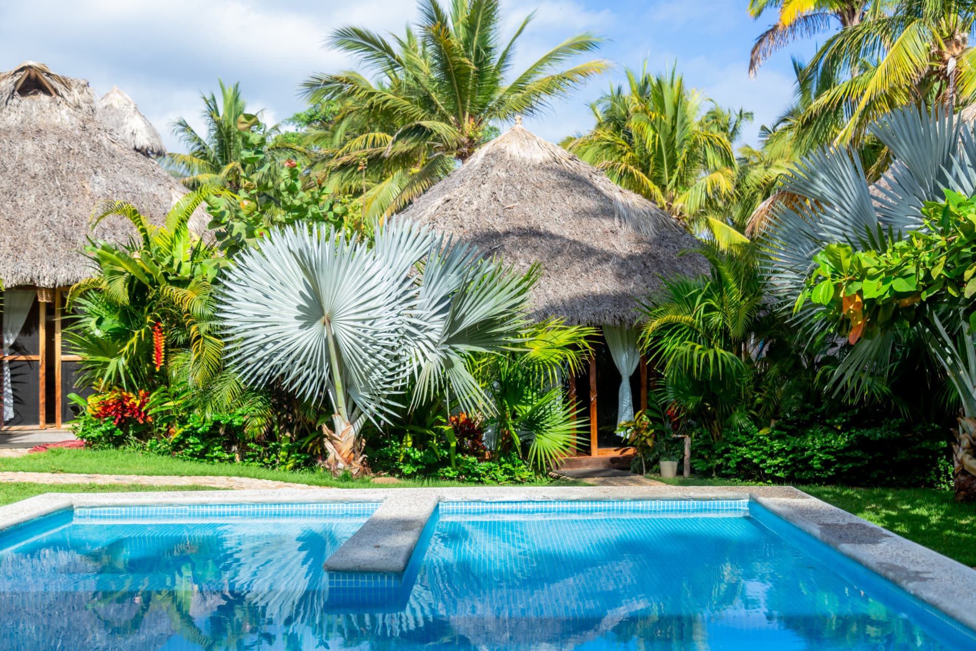 Palapa and pool surrounded by tropical garden at Amaca Beach