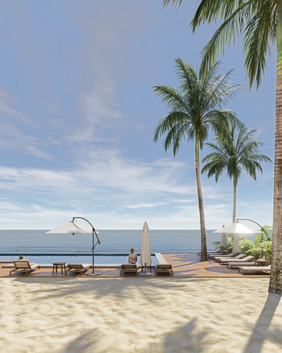 Render of pool and loungers by the sea for Amaca Beach 2027