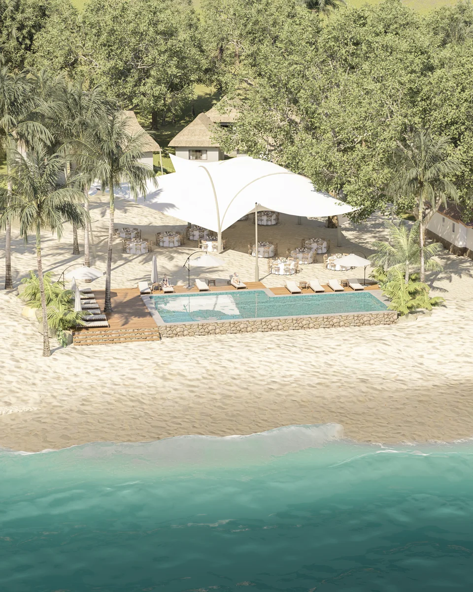 Aerial render of the new Amaca Beach 2027 beach club
