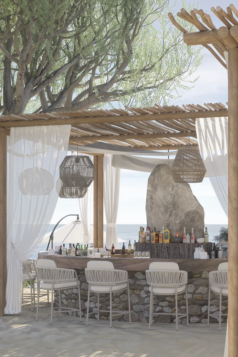Render of a boutique bar by the sea at Amaca Beach 2027
