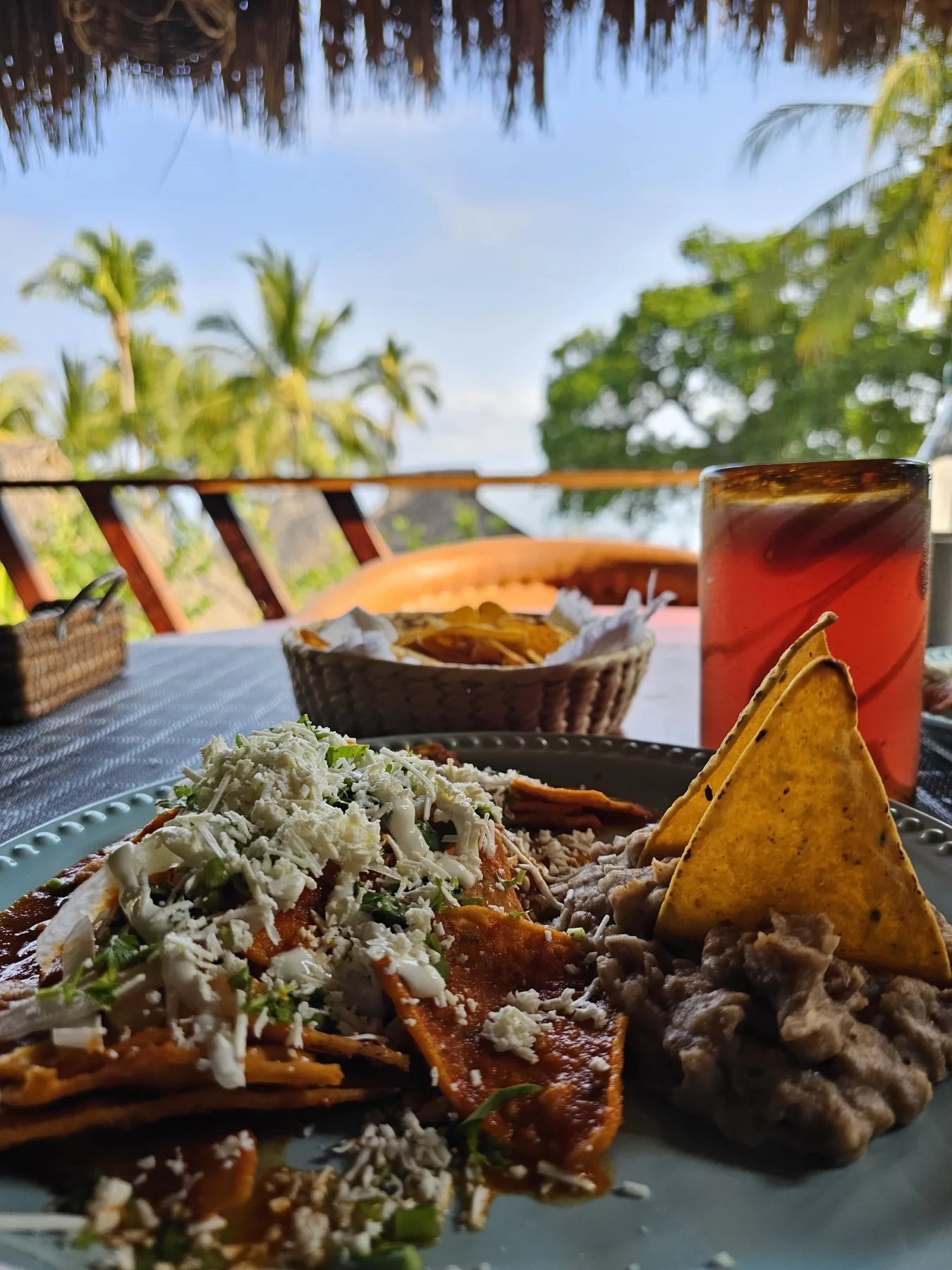 Chilaquiles and drink served on a terrace with a tropical view