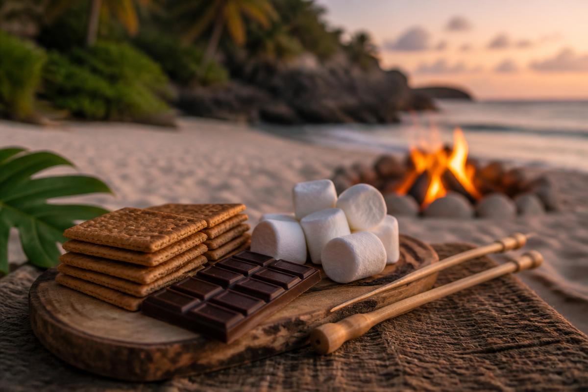 S'mores kit on the sand next to a beach bonfire in Quimixto